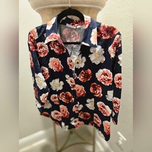 Ny&Co Ladies Button Down Floral Print Navy Top Size XL